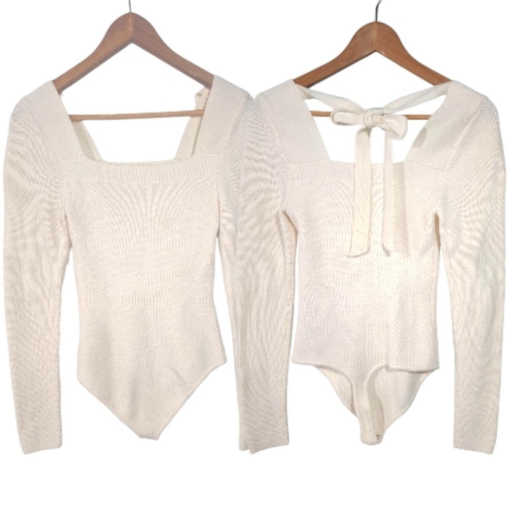 Abercrombie & Fitch Ivory Long Sleeve Ribbed Knit Bodysuit Top Tie Back Size M